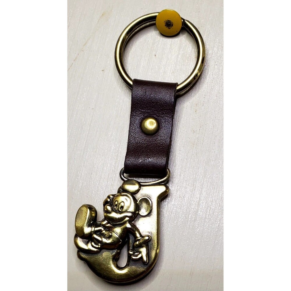 Disney Mickey Mouse Letter J Initial Keychain Brass Metal Brown Leather Fob 3.5"